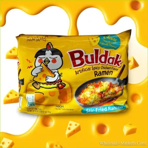 Samyang Buldak Cheese Ramen packet with creamy spicy noodles topped with melted cheese